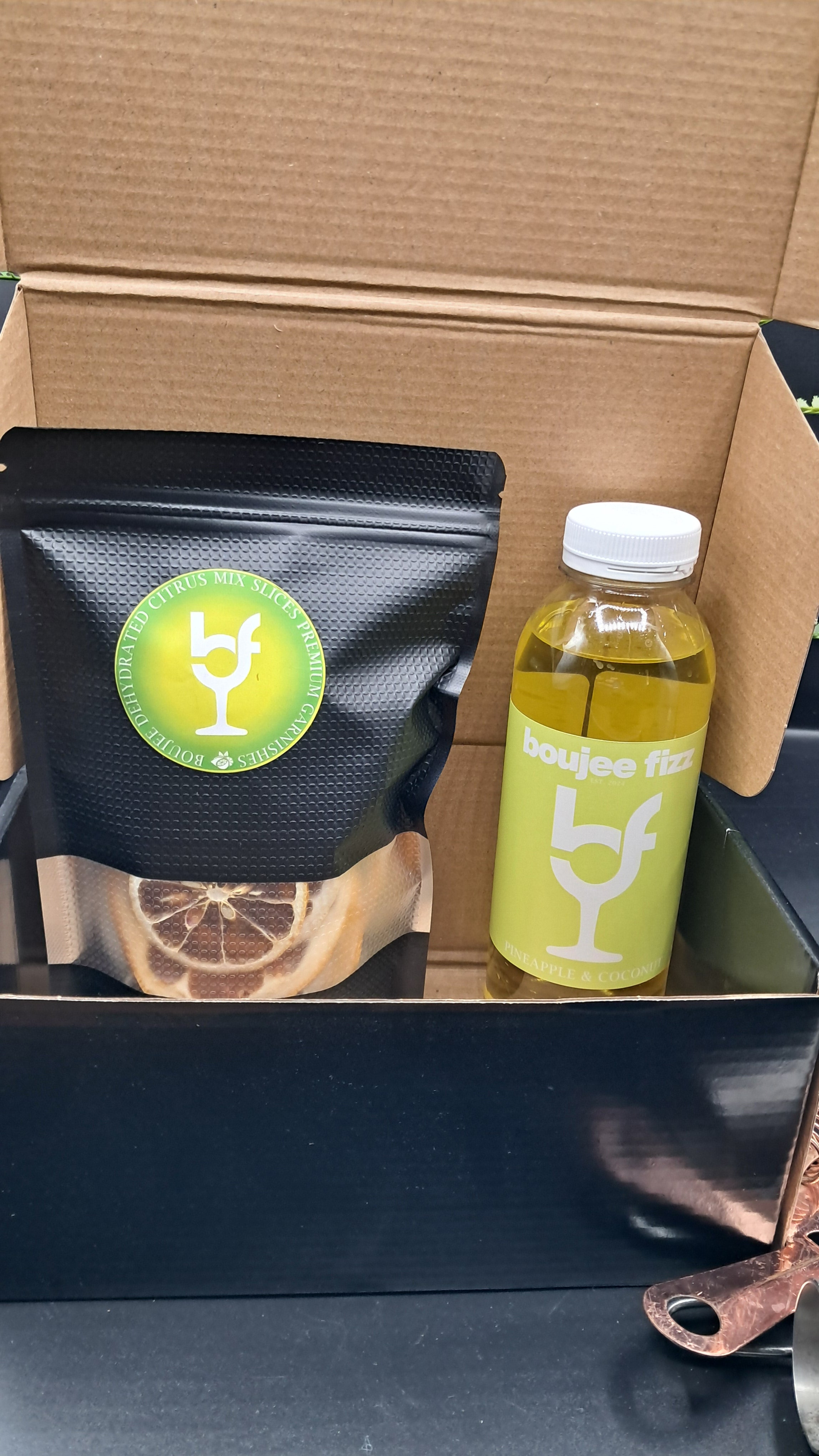 Boujee Fizz Black Label Box Cocktail Mocktail Gift Box Dried Fruit Dehydrated Fruit ,Cocktail Syrup Pineapple Syrup, Milkshake Syrup, Dried Citrus , Gin,