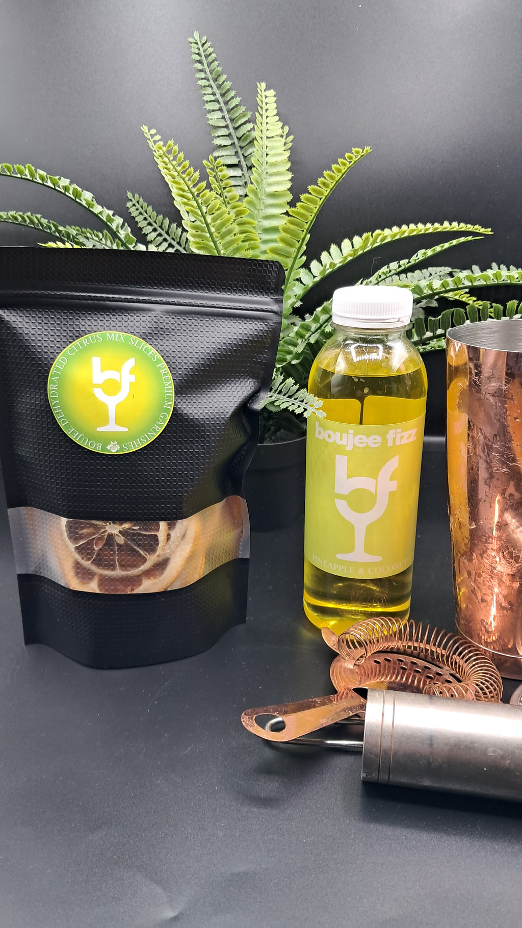 Boujee Fizz Black Label Box Cocktail Mocktail Gift Box Dried Fruit Dehydrated Fruit ,Cocktail Syrup Pineapple Syrup, Milkshake Syrup, Dried Citrus , Gin,