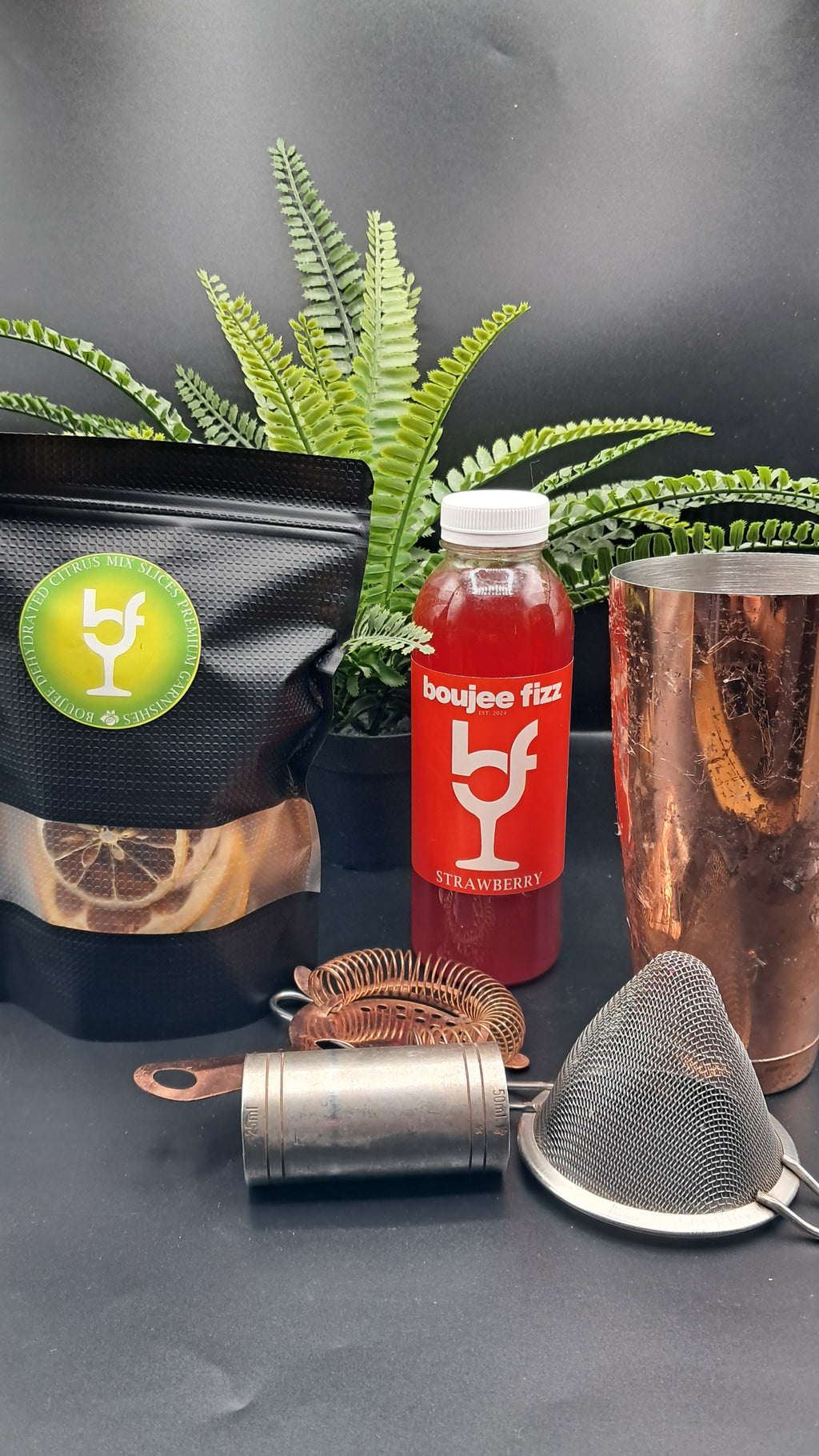 Boujee Fizz Black Label Box Cocktail Mocktail Gift Set Dehydrated Dried Fruit Dried Citrus Cocktail Syrup, Strawberry Syrup